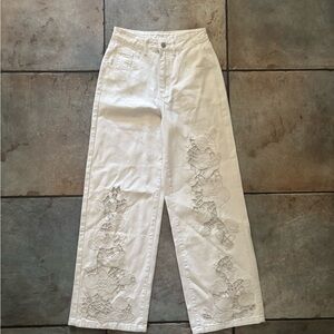 Anewsta White Floral Embroidered Wide Leg Jeans